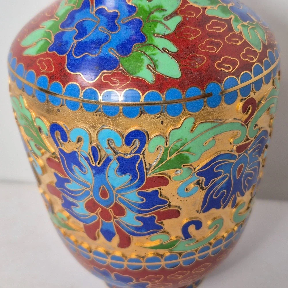 Vintage Chinese Jingfa Cloisonné Bud Vase Blue Aqua Rust Green Deep Cut 5.5